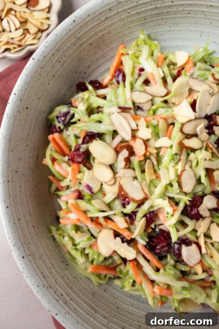 A large bowl of fresh broccoli slaw mixed with sliced almonds, craisins, and carrot sticks, ready to be served.
