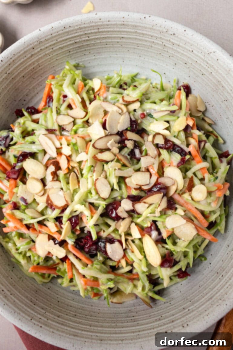 A large serving bowl brimming with fresh broccoli slaw, generously mixed with craisins and crisp sliced almonds.