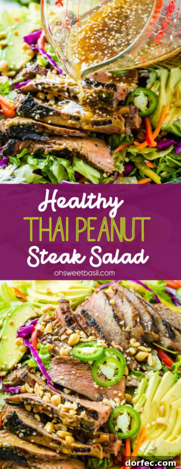 Zesty Thai Peanut Salad with Grilled Flank Steak 8 A vibrant plate filled with fresh mixed greens and colorful vegetables, generously topped with tender, Asian sauce-marinated flank steak, and elegantly drizzled with a zesty ginger dressing. This healthy Thai peanut steak salad is a feast for the eyes and the palate.