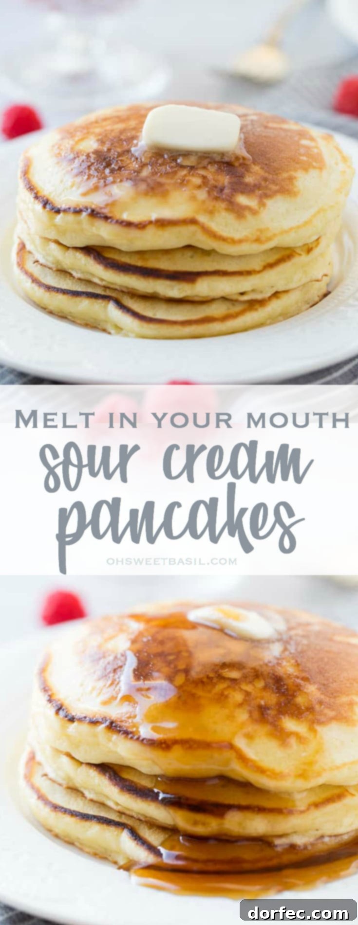 A stack of fluffy pancakes with a little butter melting on top and a drizzle of syrup dripping down the side. Our recipe for melt in your mouth sour cream pancakes
