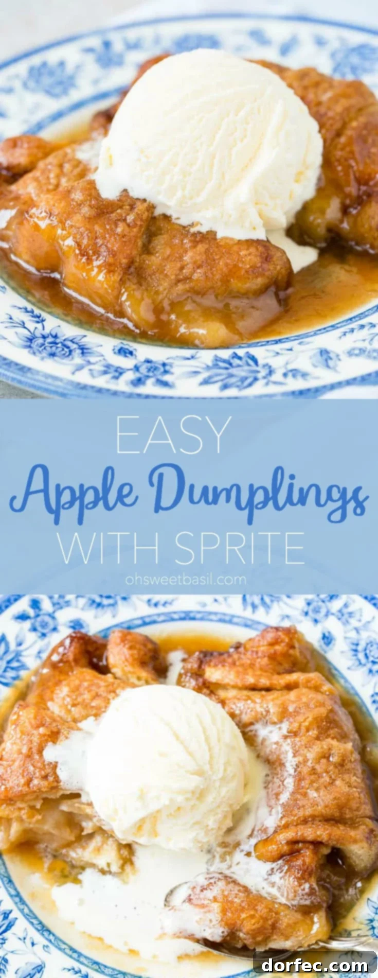 Sweet Simple Sprite Apple Dumplings 10 A high-angle shot of a casserole dish filled with golden-brown apple dumplings, showcasing their perfectly baked crusts and glistening caramel sauce.