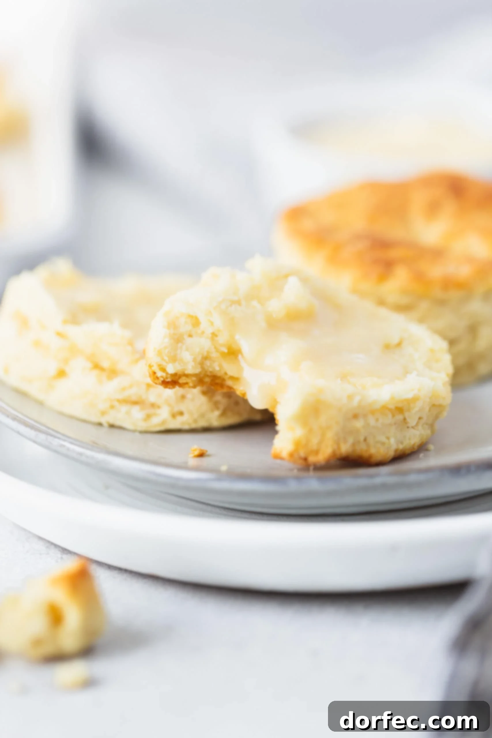 Two buttermilk biscuits on a plate. One biscuit is broken in half and has been spread with honey butter. A bite has been taken from one of the halves.