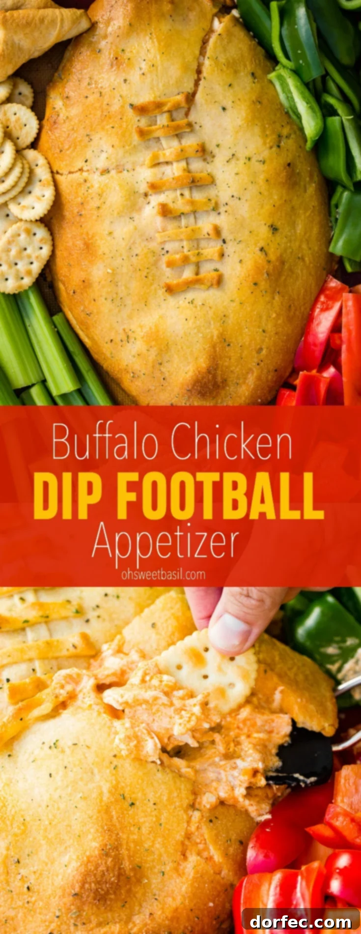 A cookie sheet with crackers, celery, peppers, and a football made out of crescent rolls and stuffed with buffalo chicken dip recipe