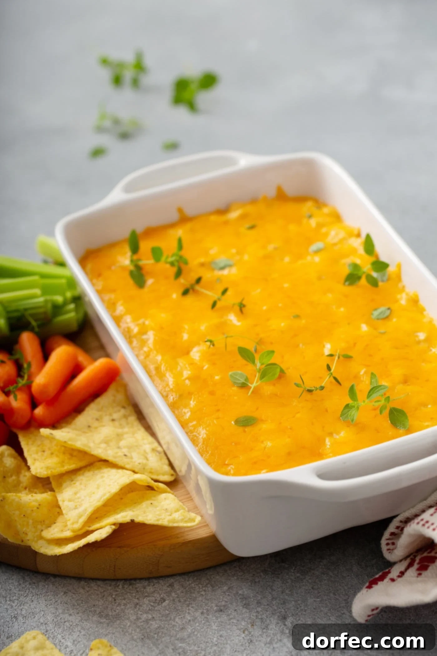 A casserole dish brimming with hot, cheesy Instant Pot Buffalo Chicken Dip, garnished with fresh parsley. Surrounding the dish are an assortment of dippers including crispy tortilla chips, crunchy carrot sticks, and refreshing celery sticks, ready for dipping.