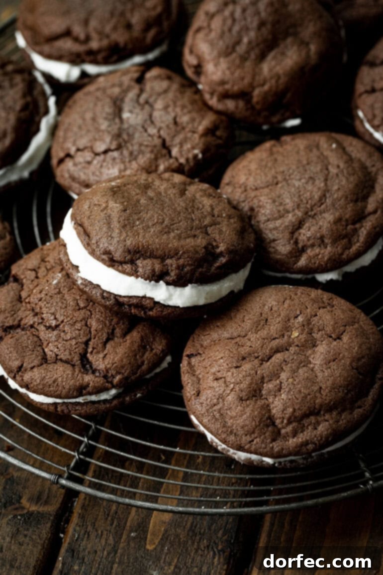 A photo of several homemade Oreo cookies sitting on a wire cooling rack, showcasing their dark chocolate exterior and creamy filling.