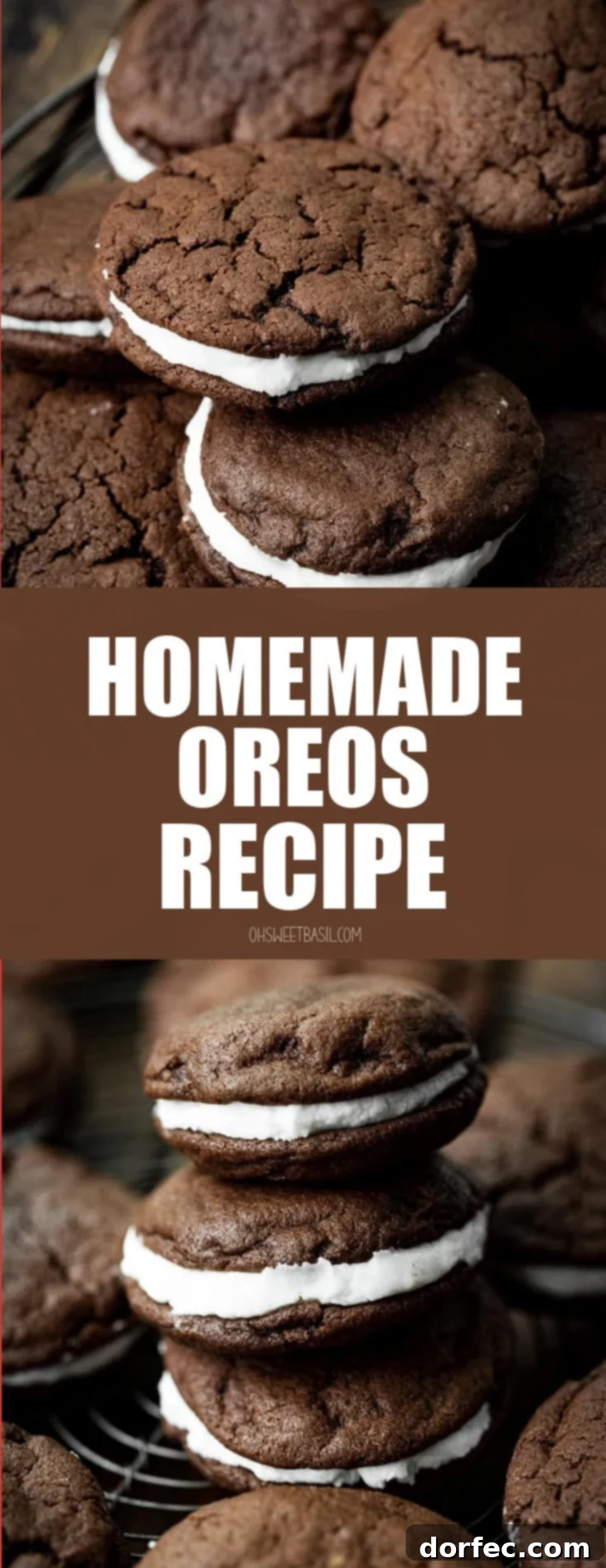 A high-angle shot of a stack of three homemade Oreo cookies, with additional cookies artfully arranged around them, emphasizing their homemade charm.