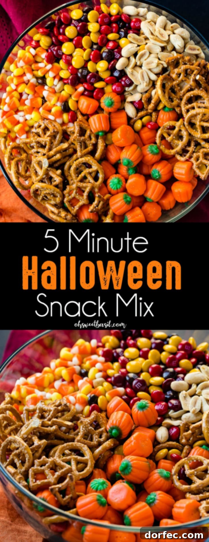 A close-up of a clear glass bowl overflowing with a delicious 5-Minute Halloween Snack Mix, featuring colorful candy corn, savory pretzels, festive M&Ms, crunchy peanuts, and cheerful candy pumpkins, all ready to be devoured.