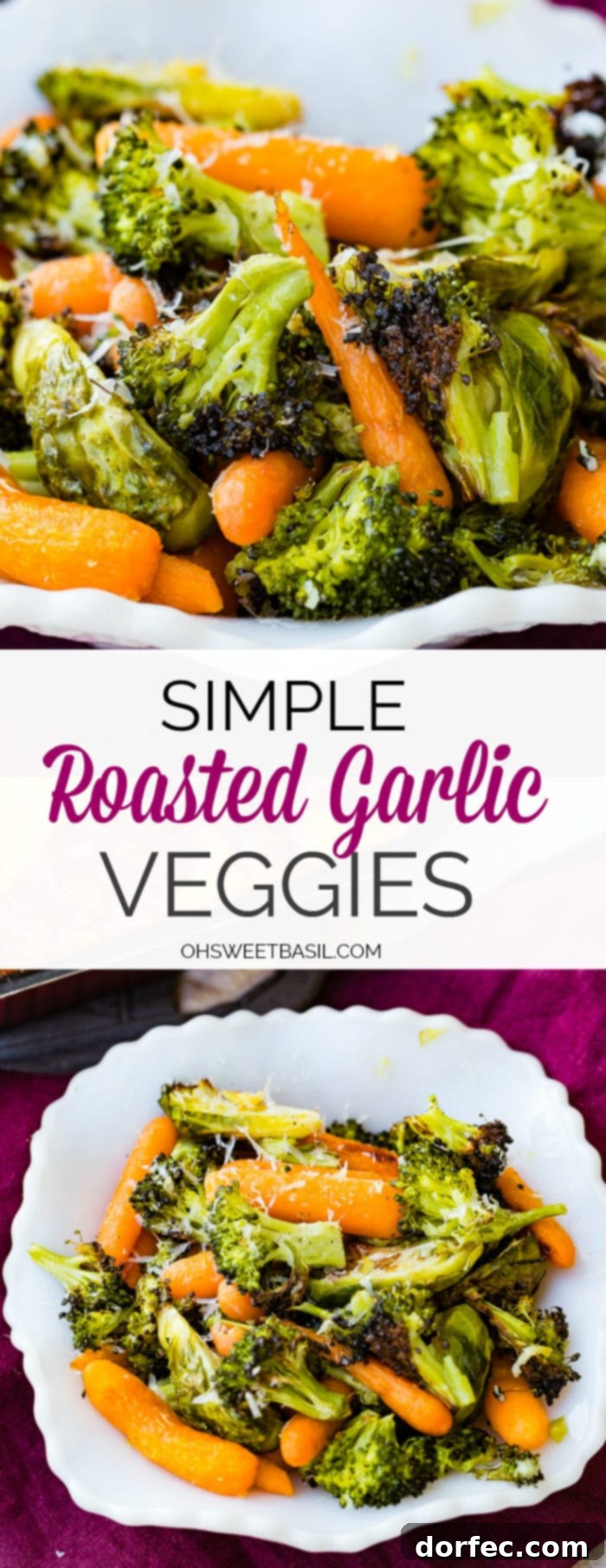 A large white bowl filled with simple roasted garlic vegetables including carrots, brussels sprouts, and broccoli, topped with parmesan cheese, for a family dinner