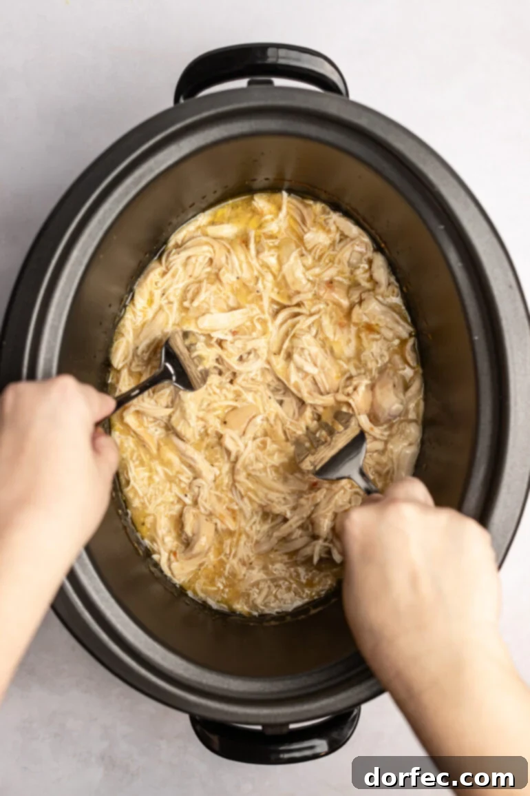 Easy 6-Ingredient Crockpot Chicken and Rice 3 Creamy meat mixture in a crockpot with forks pulling the meat.