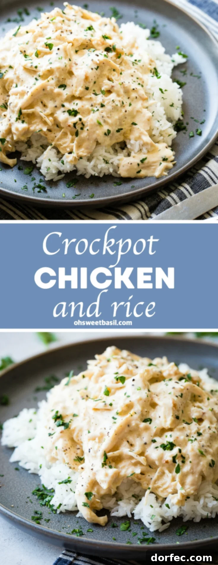 Easy 6-Ingredient Crockpot Chicken and Rice 9 A dark grey plate with a pile of white Jasmine rice with creamy crockpot chicken shredded over the top