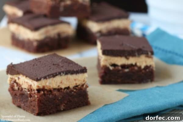 Chocolate Peanut Butter Triple Layer Brownies - irresistible and full of chocolate peanut butter flavor!