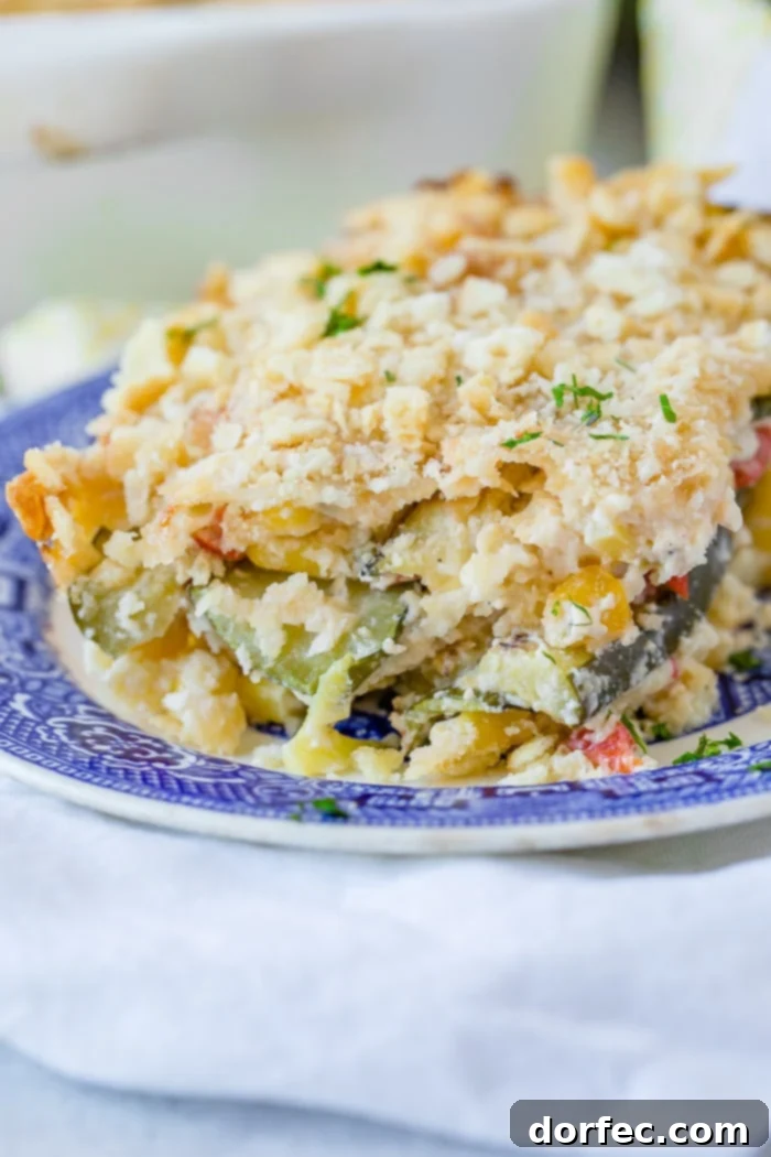 Golden Zucchini Corn Bake 2 A vibrant slice of layered cheesy zucchini corn casserole on a blue china plate, showcasing a medley of peppers, sweet corn, tender zucchini, rich cheese, and a buttery cracker topping.