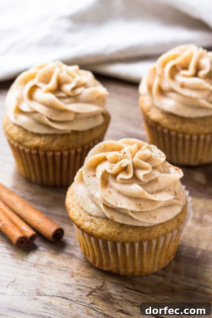 Three perfectly frosted spice cake cupcakes with cinnamon cream cheese buttercream, artfully arranged on a rustic wooden surface.