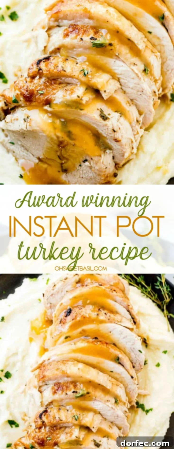 A beautiful plate showcasing sliced turkey breast, generously drizzled with gravy and adorned with fresh herbs, elegantly arranged on a bed of fluffy mashed potatoes, all presented on a sophisticated black plate.