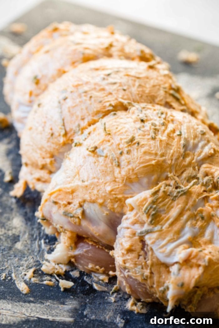 A raw boneless turkey breast, expertly bound with twine and lavishly coated in a butter and fresh herb mixture, ready for cooking.