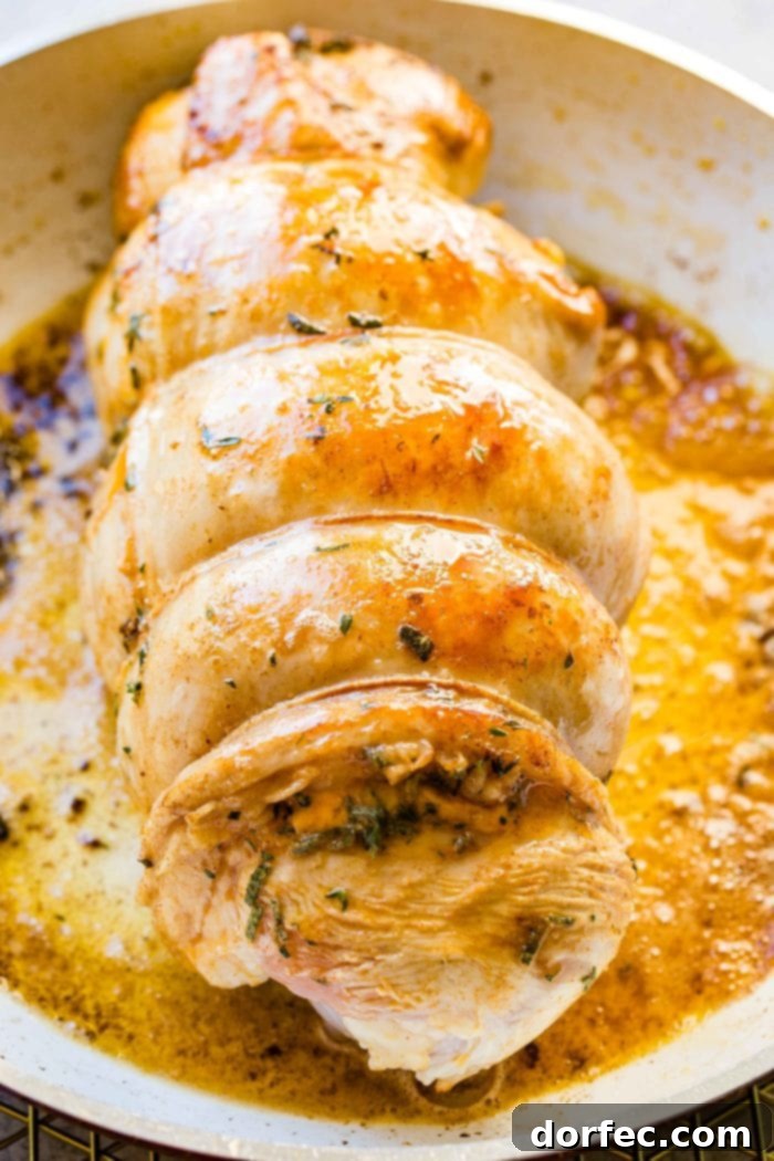 A perfectly cooked boneless turkey breast, still bound with twine, resting in an Instant Pot amidst its flavorful cooking juices.