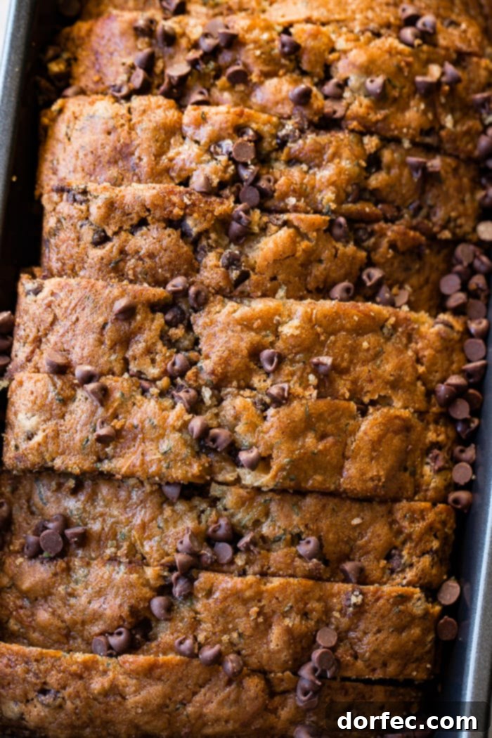 Decadent Chocolate Chip Zucchini Loaf 4 an overhead picture of a loaf of sliced chocolate chip zucchini bread still in the bread pan