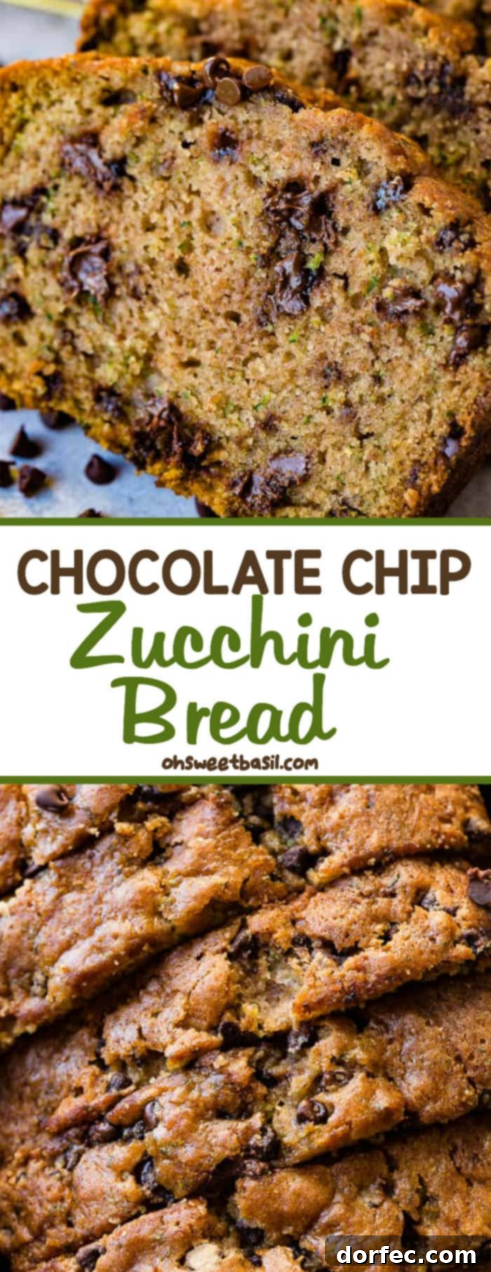 Decadent Chocolate Chip Zucchini Loaf 8 a photo of a slice of zucchini bread with two more slices stacked behind it that are full of mini chocolate chips all sitting on the counter with mini chocolate chips sprinkled on the counter in front of the bead