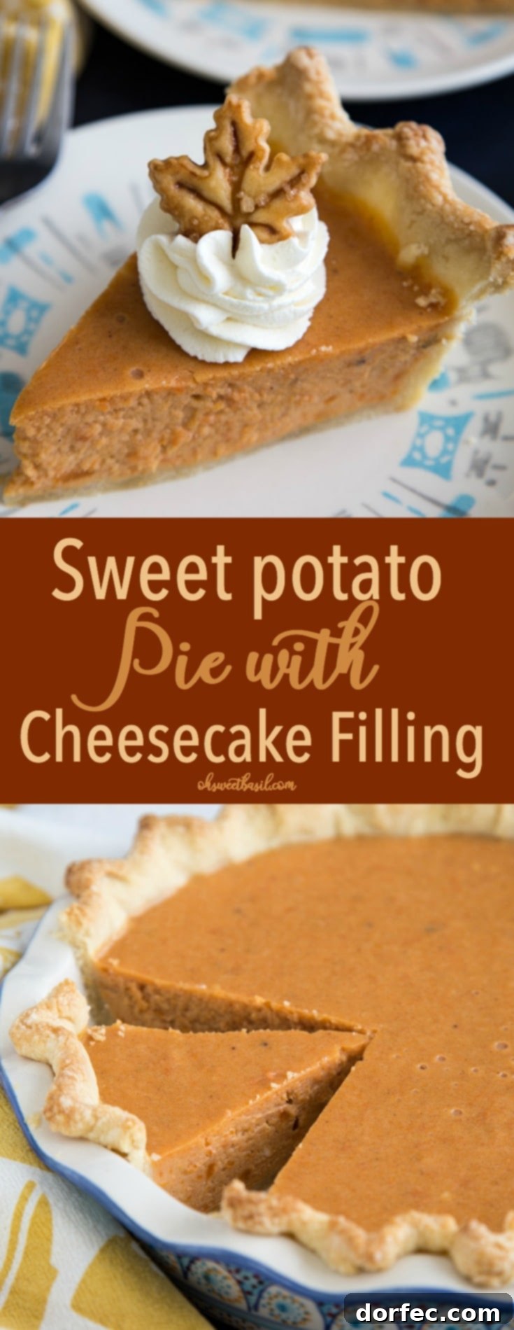 A stunning vertical shot of sweet potato pie slices on elegant plates, emphasizing its holiday appeal and cheesecake texture.