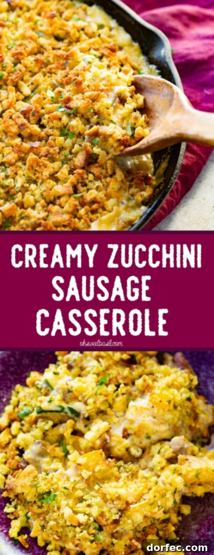 A cast iron skillet filled with a creamy zucchini casserole, generously topped with stuffing, being scooped with a wooden spoon. The skillet rests on a purple cloth napkin on a table with fresh zucchini and a carrot in the background.