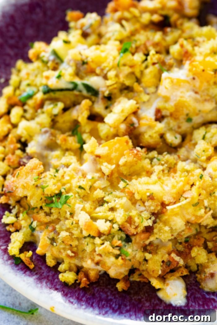A close-up photograph of a generous serving of creamy zucchini sausage casserole in a vibrant purple bowl, highlighting the rich texture and golden stuffing topping.