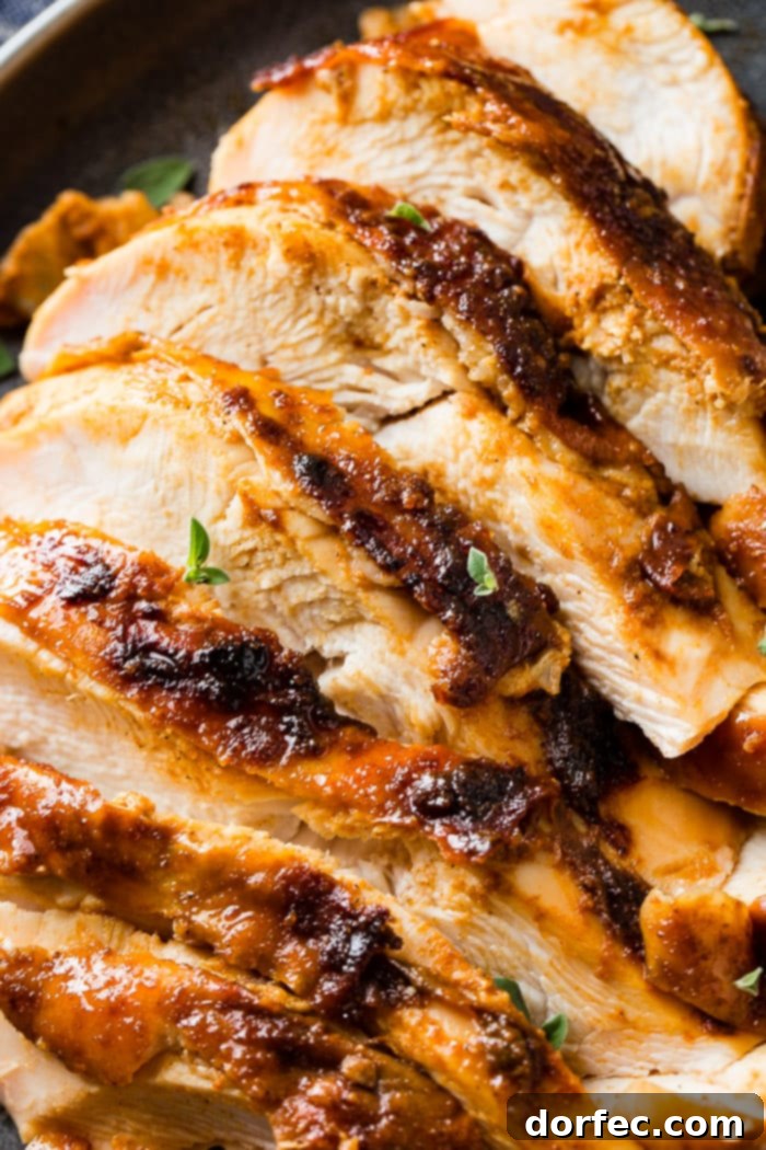 Sliced smoked turkey breast garnished with fresh thyme on a dark gray plate, highlighting its rich color and moisture.