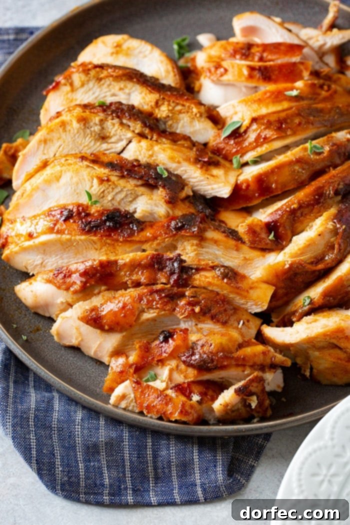 Sliced smoked turkey breast with fresh thyme on a dark gray plate, ready to be served.