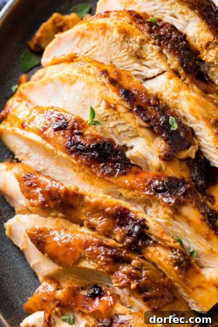 A close-up of beautifully sliced smoked turkey breast with fresh thyme, emphasizing its rich texture.