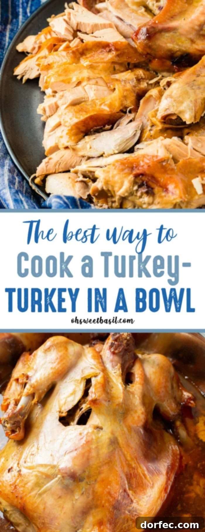 A grey platter generously piled with juicy, shredded turkey, showcasing its tenderness from being cooked in a bowl.