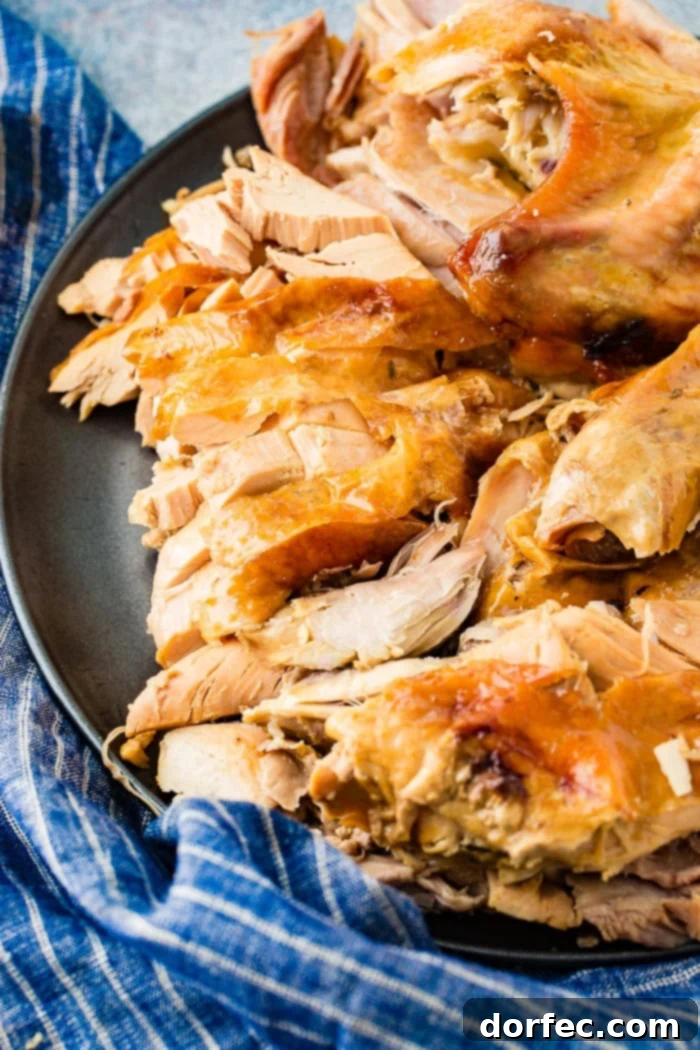A close-up shot of juicy, shredded turkey meat on a grey platter, showing its incredible tenderness achieved by cooking it in a bowl.