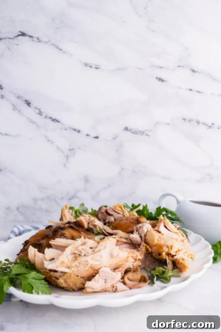 A large platter of beautifully sliced, juicy turkey, garnished with fresh herbs, ready to be served.