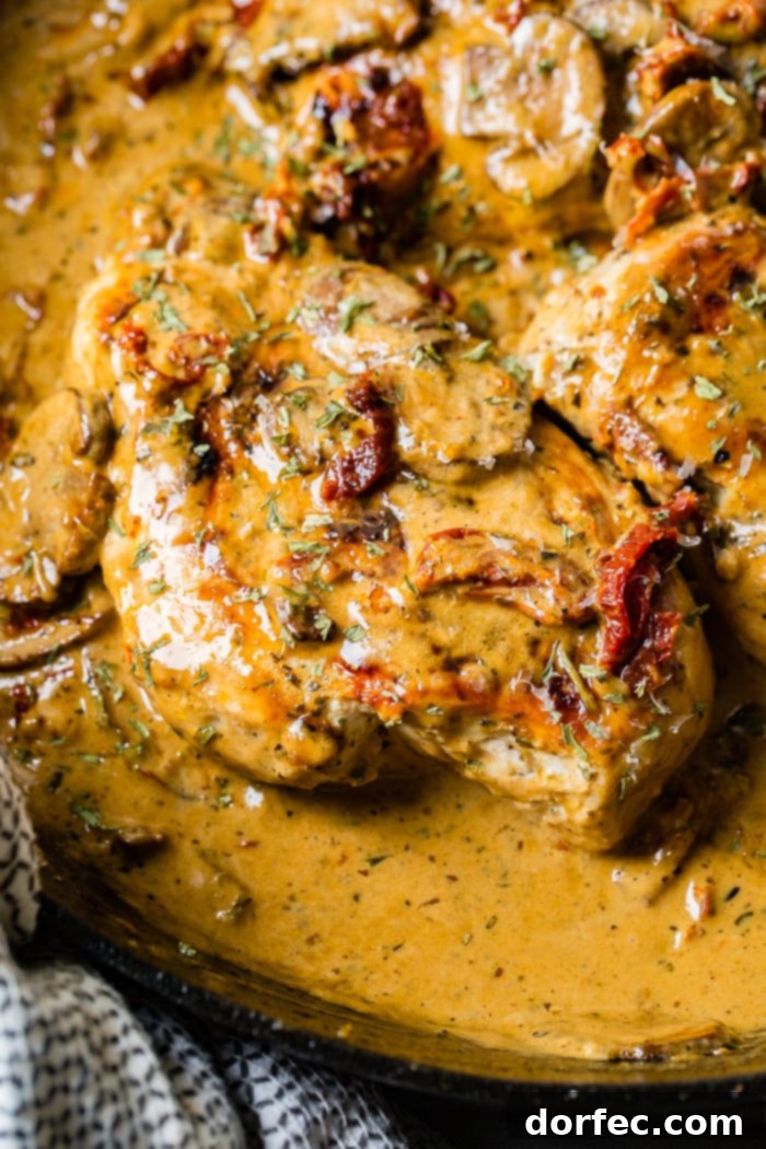 Effortless Creamy Herbed Chicken with Sun-Dried Tomatoes 2 A black cast iron skillet with a creamy sauce full of sun dried tomatoes, mushrooms and seasoning over perfectly cooked chicken