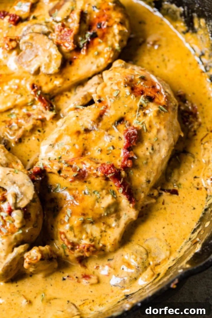 Effortless Creamy Herbed Chicken with Sun-Dried Tomatoes 6 A black cast iron skillet with a creamy sauce full of sun dried tomatoes, mushrooms and seasoning over perfectly cooked chicken