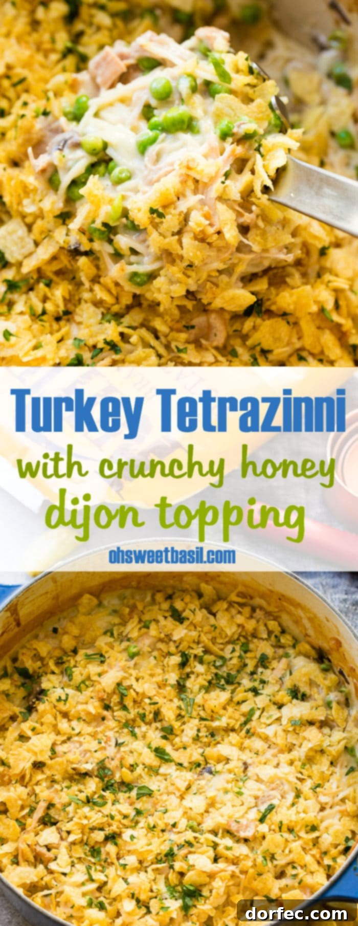 Honey Dijon Crunch Turkey Tetrazzini Leftover Upgrade 9 A beautifully plated serving of Turkey Tetrazzini with crunchy topping, garnished with fresh herbs
