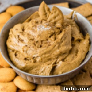 Festive Gingerbread Cookie Dip 8 A close-up shot of the creamy gingerbread cookie dip in a silver bowl, garnished with a sprinkle of ground cinnamon, surrounded by various dippers like graham crackers, vanilla wafers, apple slices, and pretzels, on a festive holiday background.