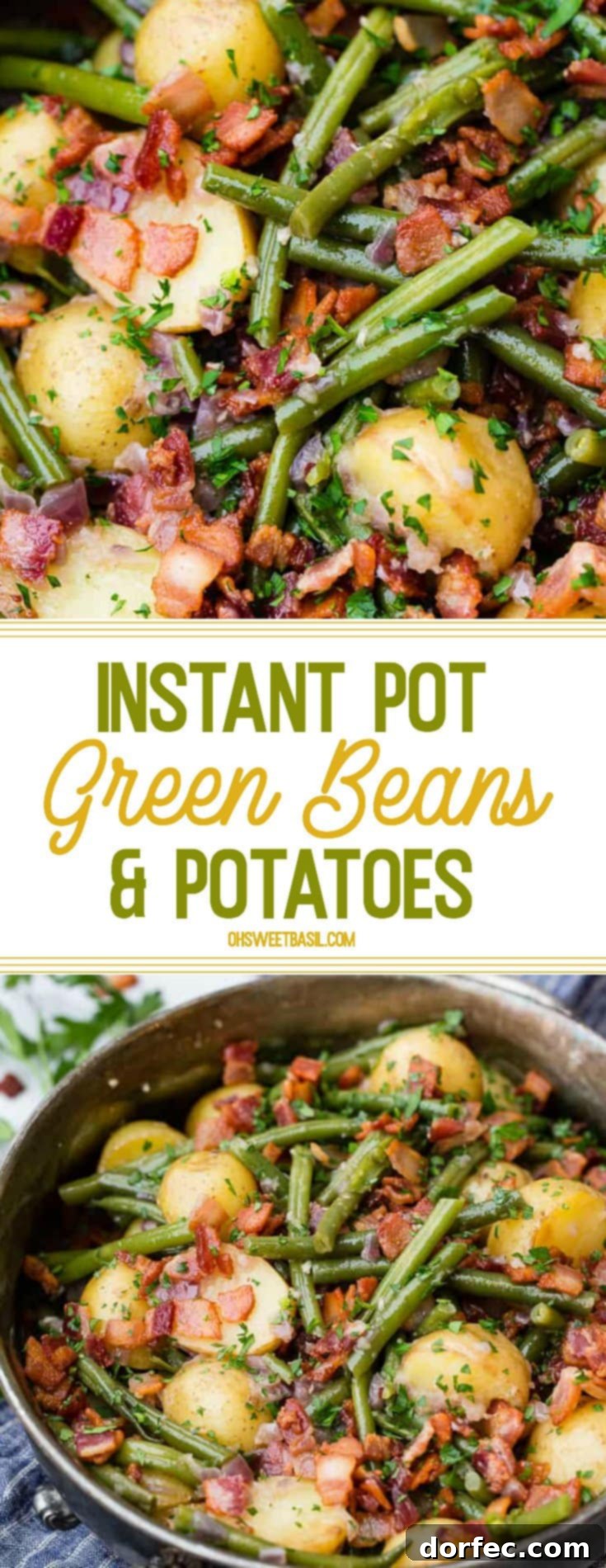 A silver serving dish filled with cooked fresh green beans, potatoes, and crispy bacon pieces, garnished with fresh parsley, sitting on a blue cloth napkin.