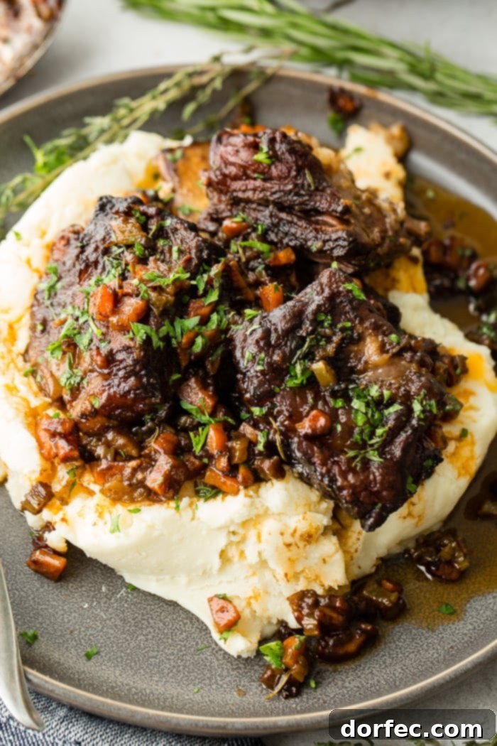 A dark grey plate with a pile of creamy mashed potatoes with fall apart braised beef short ribs and fresh parsley