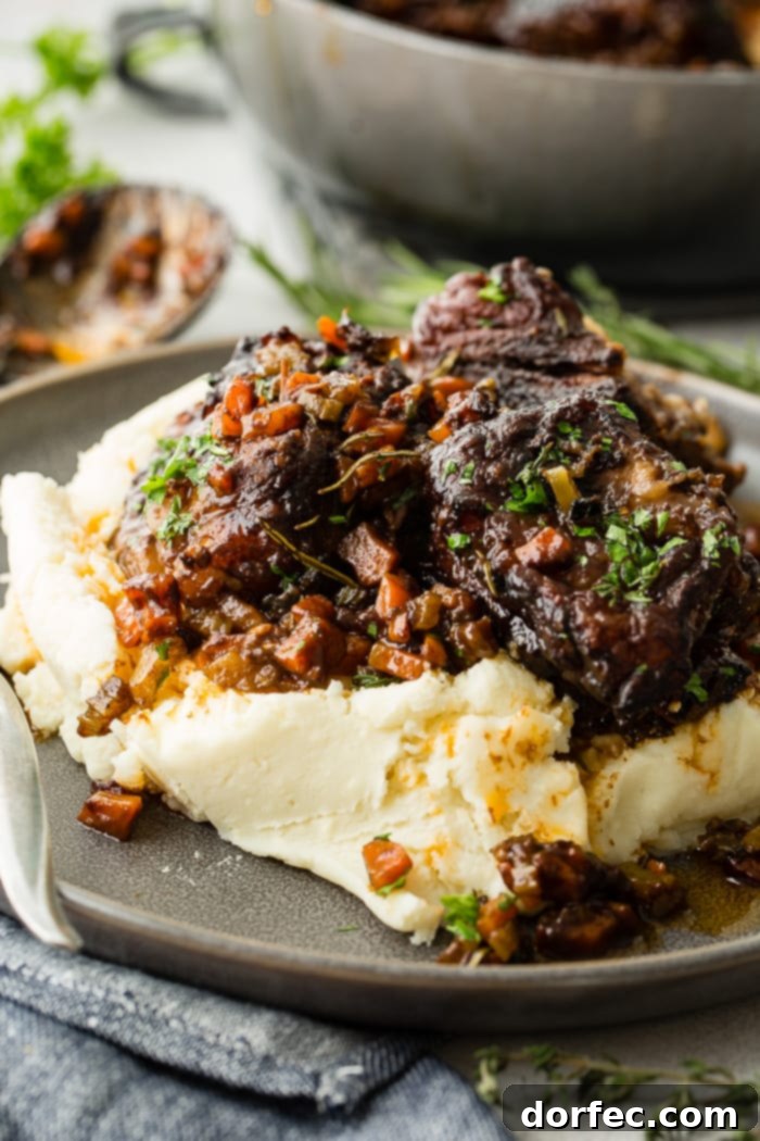 A dark grey plate with a pile of creamy mashed potatoes with fall apart braised beef short ribs and fresh parsley