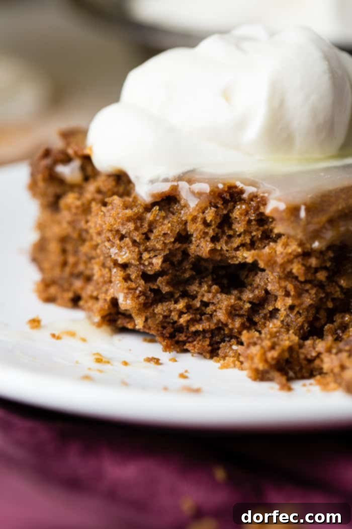 Spiced Gingerbread Cake with Zesty Lemon Glaze 7 a warm slice of gingerbread cake with lemon sauce and a dollop of whipped cream