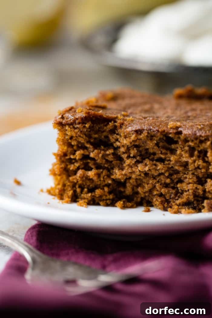 Spiced Gingerbread Cake with Zesty Lemon Glaze 8 a warm slice of gingerbread cake with lemon sauce and a dollop of whipped cream