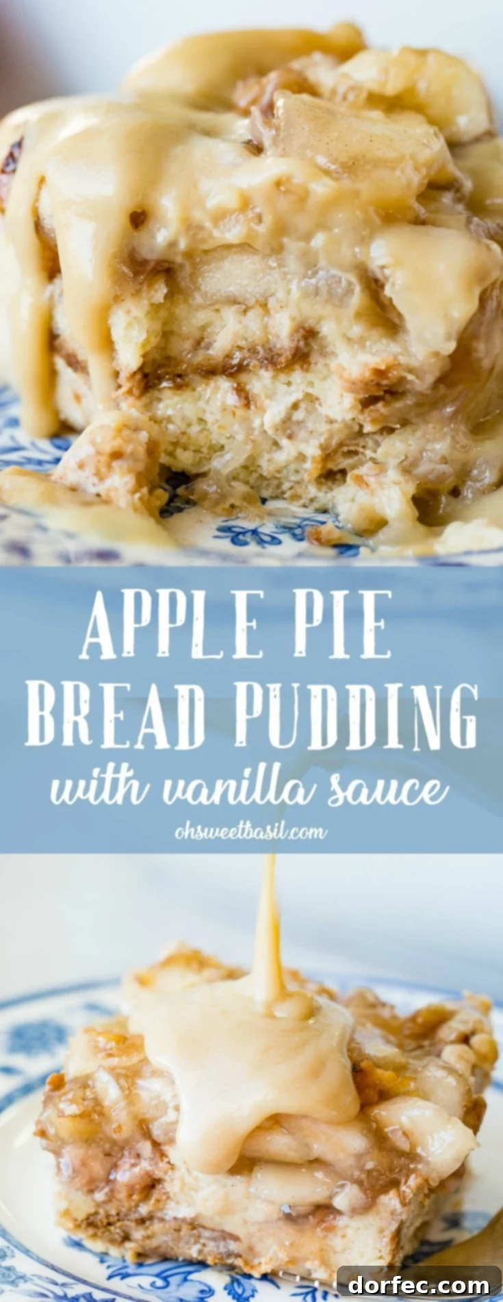 Irresistible Apple Pie Bread Pudding with Silky Vanilla Sauce 9 A stunning overhead shot of the Best Apple Pie Bread Pudding, lavishly drizzled with warm Vanilla Sauce, capturing its golden-brown crust and inviting texture.