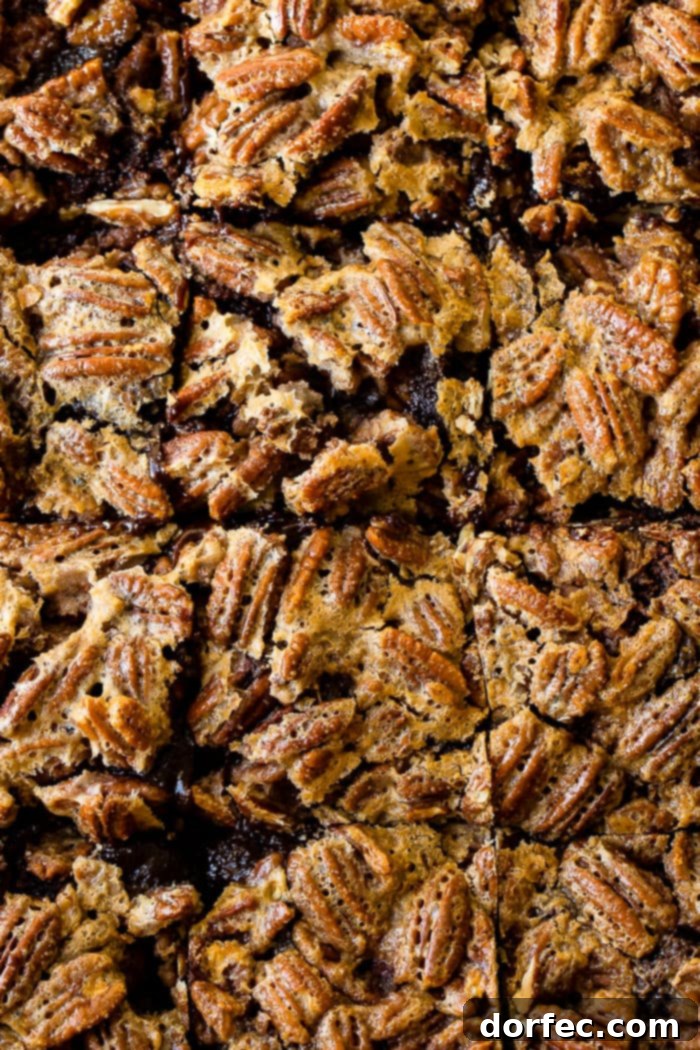 Two pecan pie brownies stacked together, showing the rich chocolate and pecan layers.