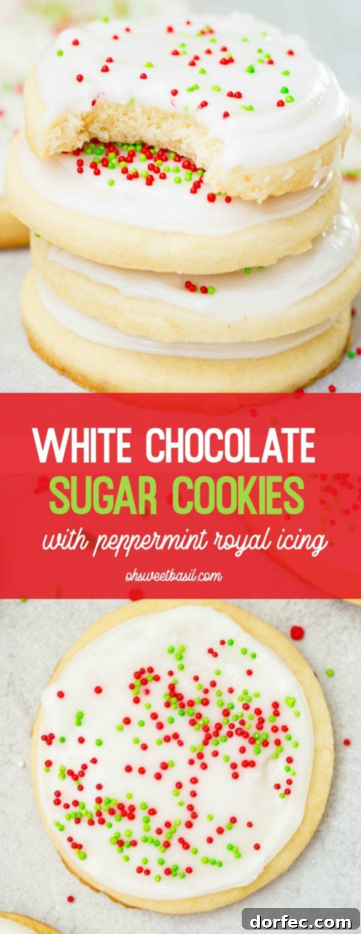 A beautifully arranged stack of four white chocolate sugar cookies, frosted with peppermint royal icing and adorned with vibrant red and green sprinkles, with a delightful bite taken from the top cookie. A perfect Christmas treat.