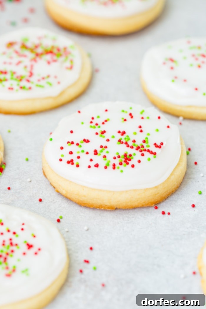 A vibrant display of round white chocolate sugar cookies decorated with cheerful peppermint royal icing and red and green sprinkles, embodying the festive holiday season.