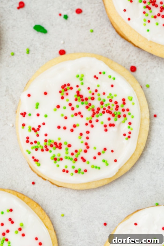 A festive white chocolate sugar cookie with smooth peppermint royal icing and colorful red and green sprinkles, ready for hungry kids and holiday celebrations.