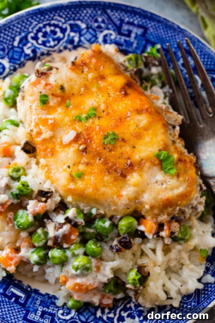 A photo of a golden baked pork chop on a bed of rice and vegetables all served on a blue plate, garnished with fresh herbs.
