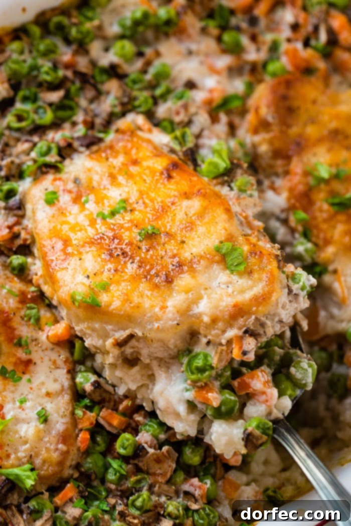 A close up photo of a golden baked pork chop on a bed of rice and vegetables garnished with fresh parsley, emphasizing the perfect blend of flavors.