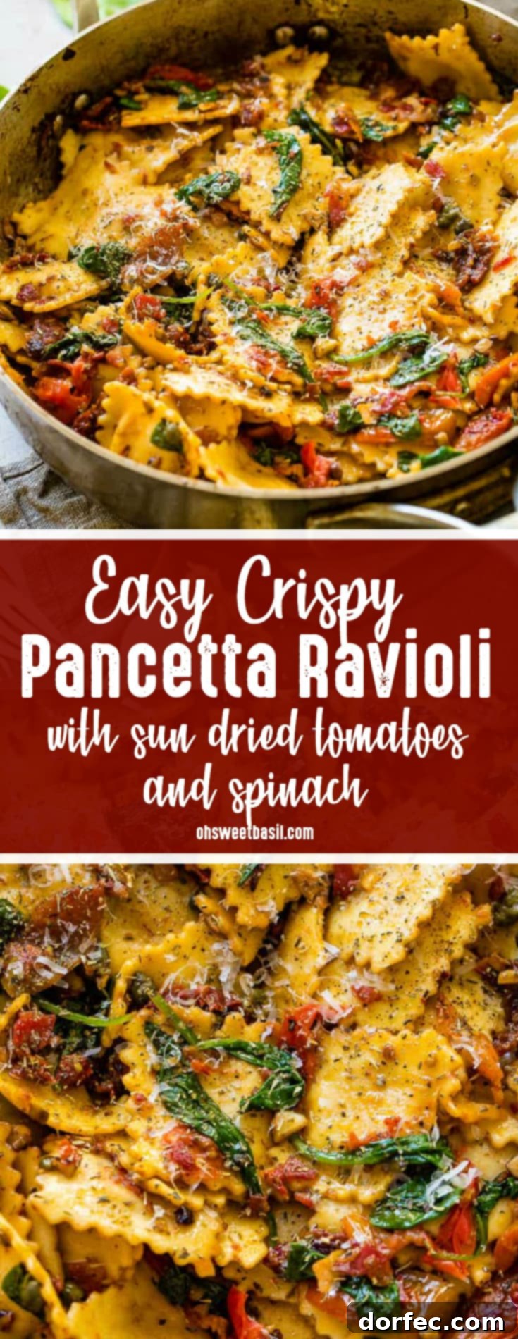 A beautifully plated dish of Easy Crispy Pancetta Ravioli with Sun-Dried Tomatoes and Spinach, ready to serve.