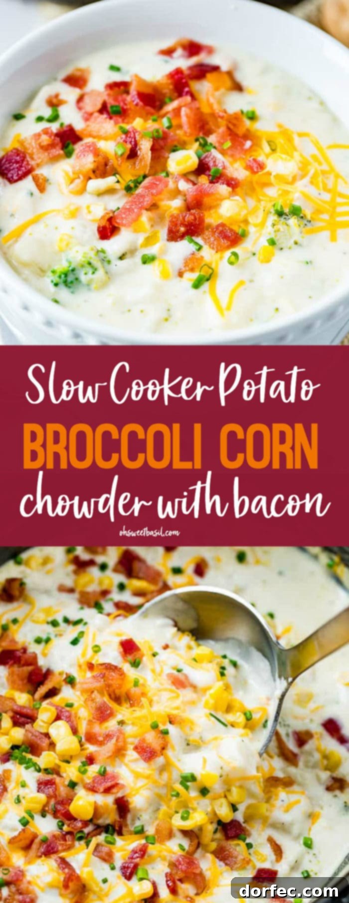 A large serving of slow cooker potato broccoli corn chowder with bacon in a rustic bowl, ready to be enjoyed.