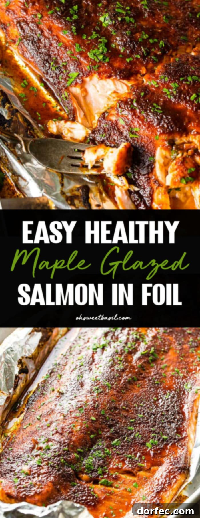 Maple glazed salmon in foil with a fork taking a bite, showing the tender, flaky texture